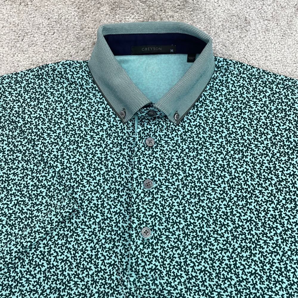 Greyson Polo Mens Medium Coral Print Teal Short Sleeve Performance